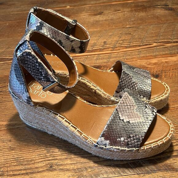 Franco Sarto Clemens Sandals Size 8 Wedge Platform Espadrille Silver Snakeskin - Picture 11 of 16